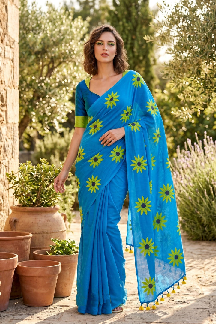 Cheerful Sunflower - Pure Khadi Cotton Sareee