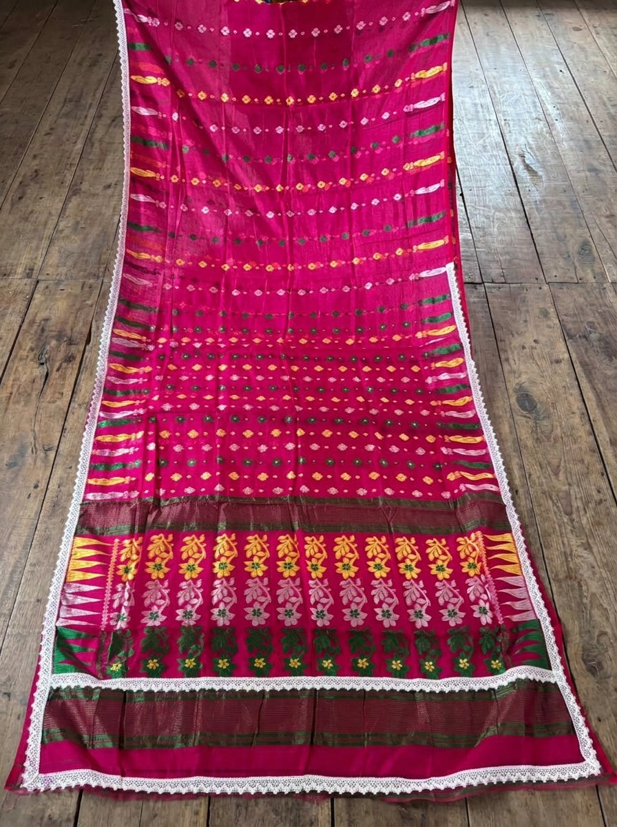 Binodini Bengal Jamdani Saree(Pink Green Yellow)