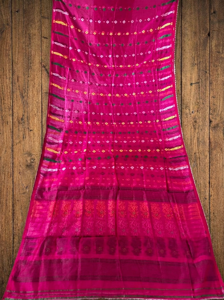 Binodini Bengal Jamdani Saree(Pink Green Yellow)