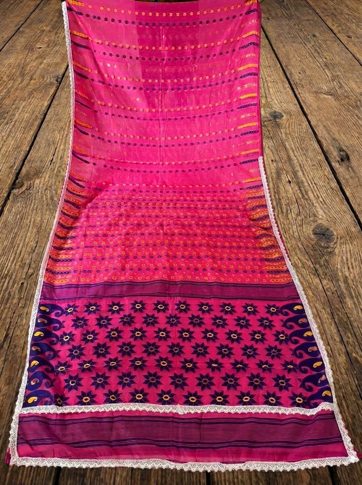 Binodini Bengal Jamdani Saree(Pink Blue)