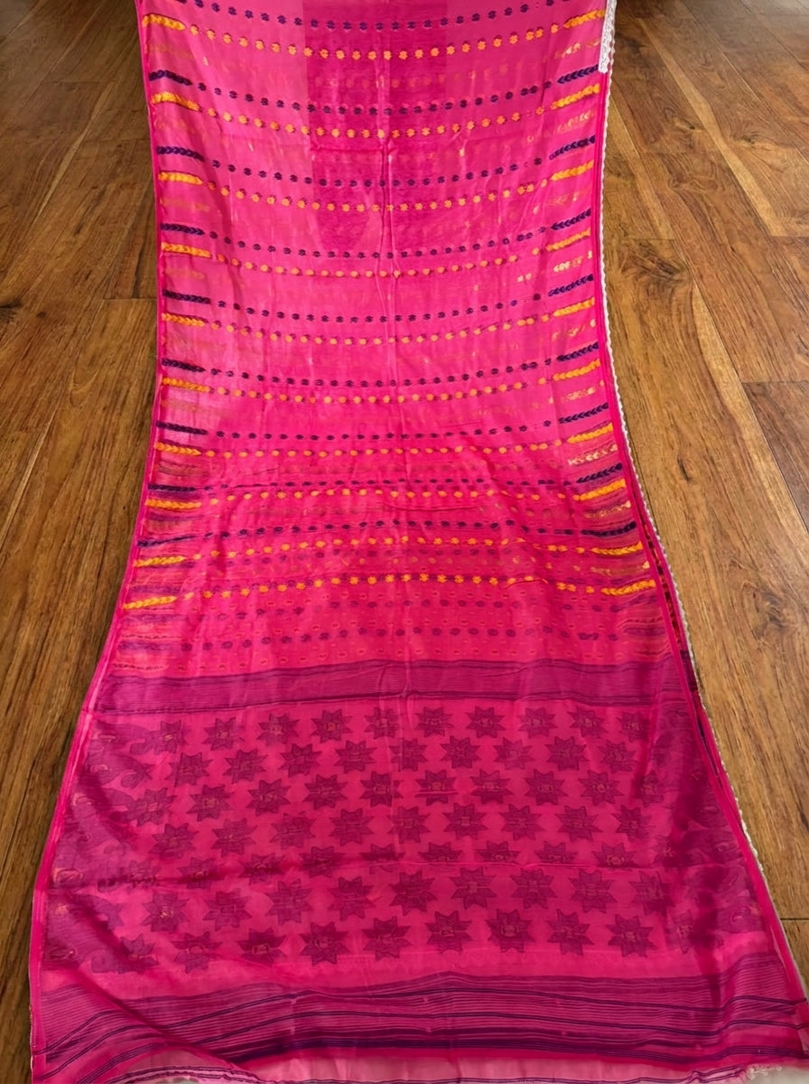 Binodini Bengal Jamdani Saree(Pink Blue)