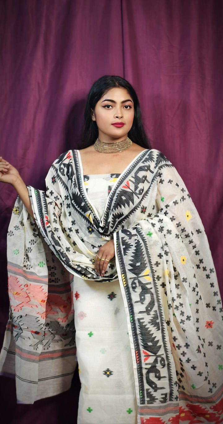 Bhorer Alo Cotton Jamdani Unstitched Dress Material (Kurti Piece and Dupatta)