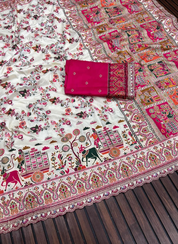 Rajwadi Noor Pashmina Silk Saree with Kashmiri Thread Weaving &amp; Heavy Zari Border (Copy) (Copy)