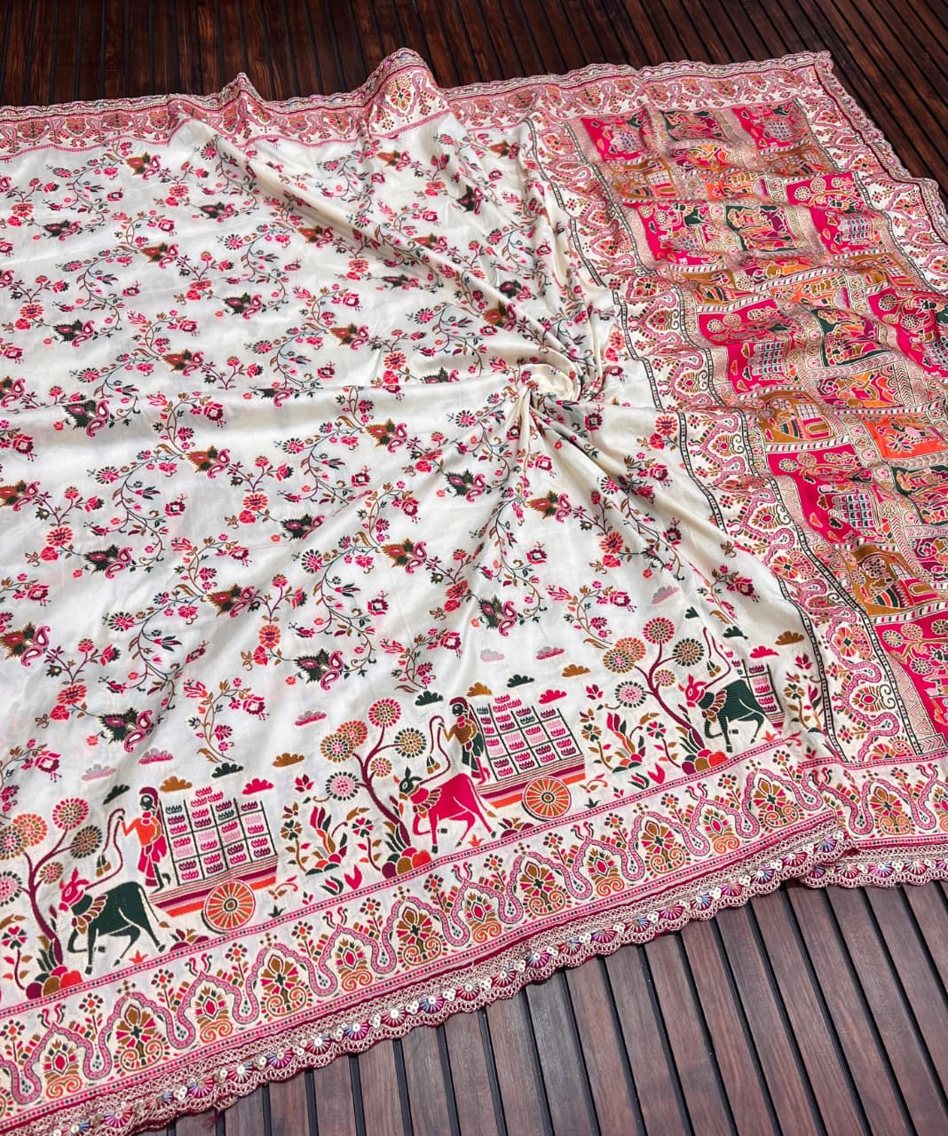 Rajwadi Noor Pashmina Silk Saree with Kashmiri Thread Weaving &amp; Heavy Zari Border (Copy) (Copy)