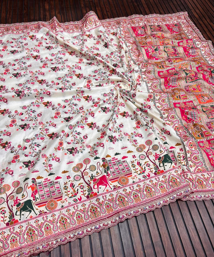 Rajwadi Noor Pashmina Silk Saree with Kashmiri Thread Weaving &amp; Heavy Zari Border (Copy) (Copy)