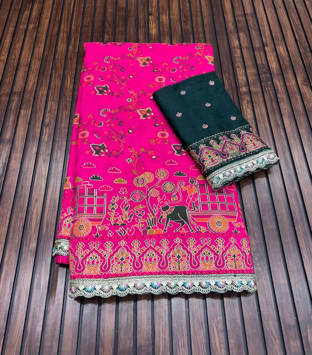 Rajwadi Noor Pashmina Silk Saree with Kashmiri Thread Weaving &amp; Heavy Zari Border