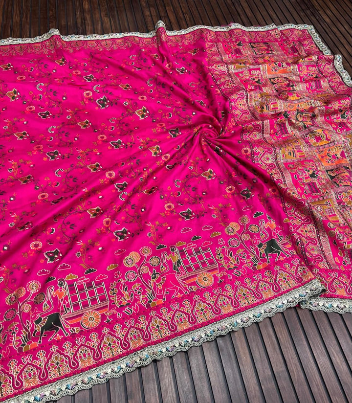 Rajwadi Noor Pashmina Silk Saree with Kashmiri Thread Weaving &amp; Heavy Zari Border