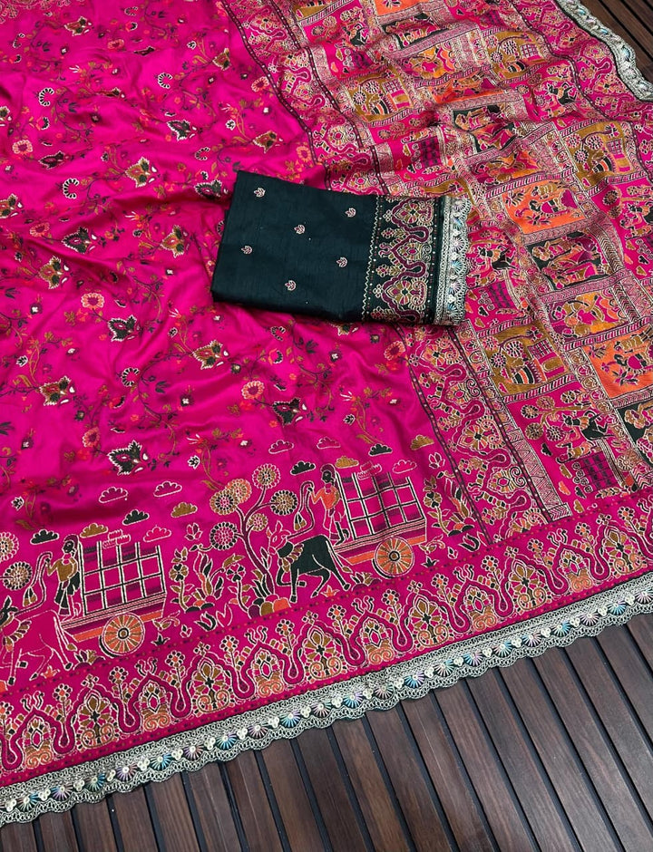 Rajwadi Noor Pashmina Silk Saree with Kashmiri Thread Weaving &amp; Heavy Zari Border