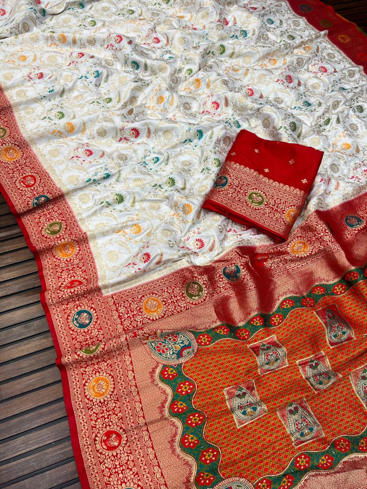 Shubho Shree Premium White Banarasi Silk Saree with Rich Red Border & Multicolor Woven Motifs