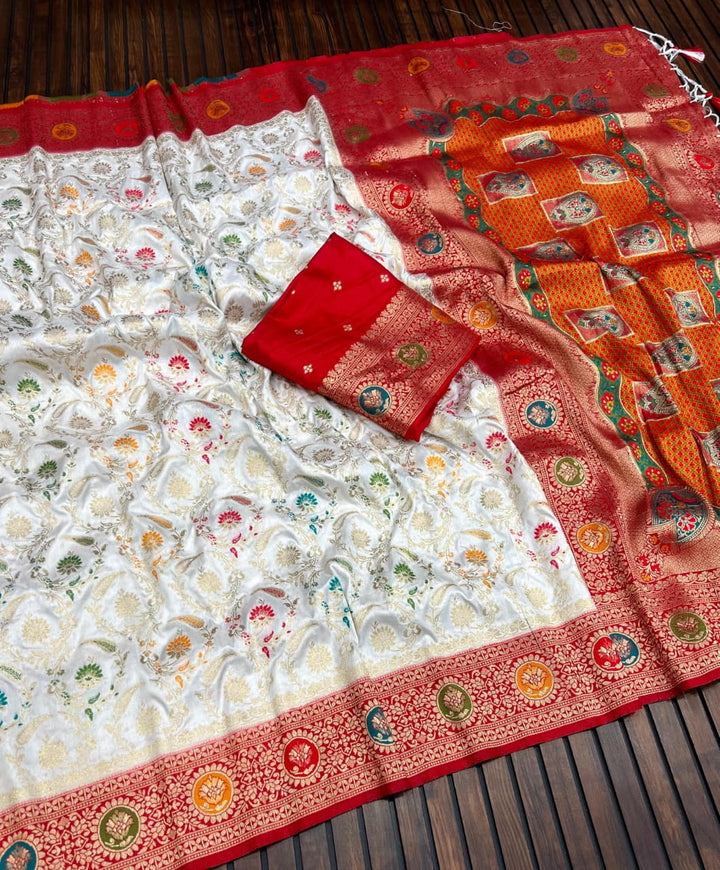 Shubho Shree Premium White Banarasi Silk Saree with Rich Red Border & Multicolor Woven Motifs