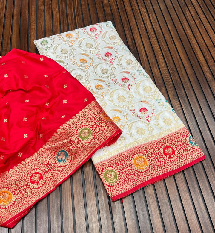 Shubho Shree Premium White Banarasi Silk Saree with Rich Red Border & Multicolor Woven Motifs