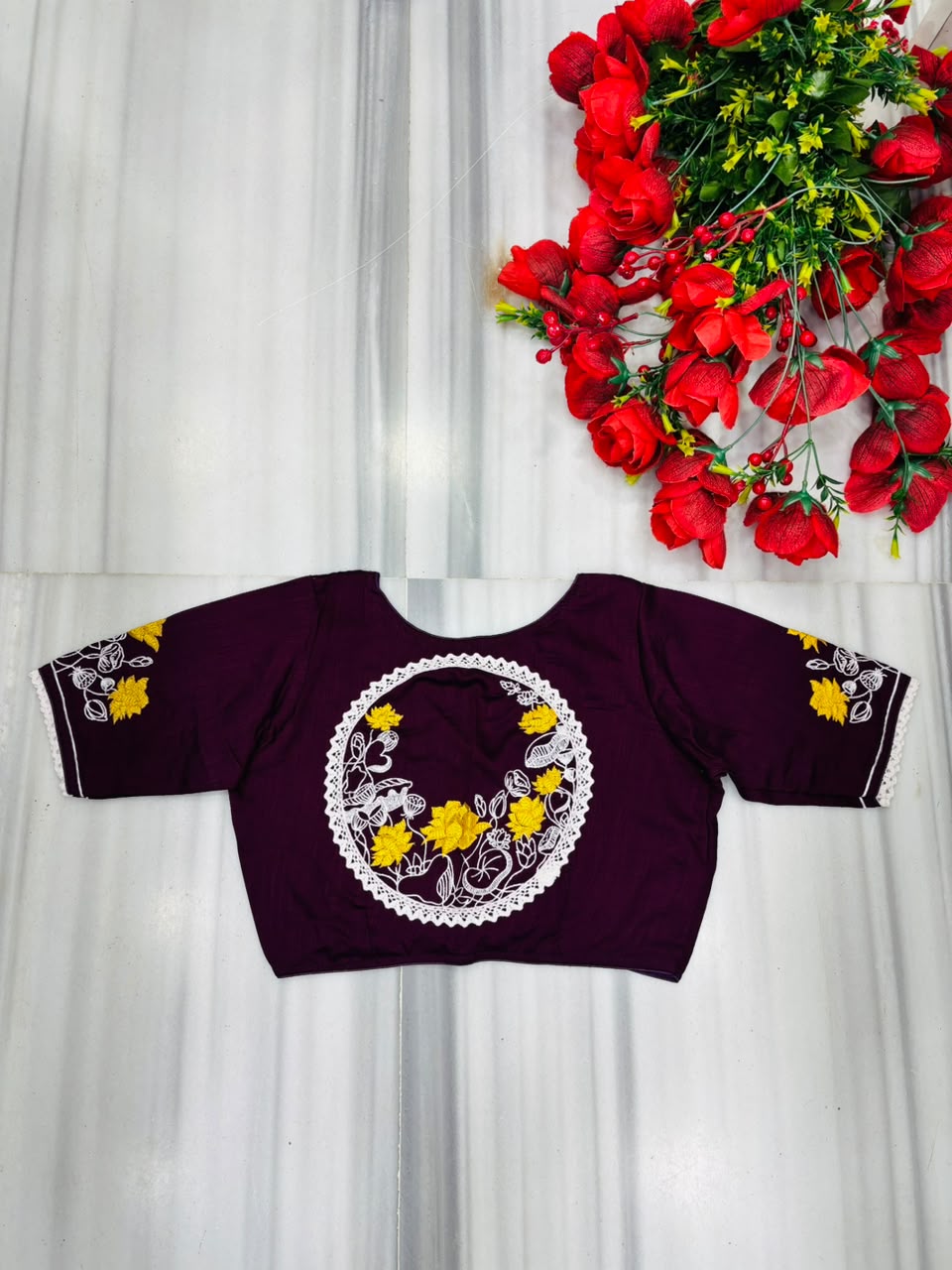Lotus Of Peace Vichitra Silk Embroidery Blouse