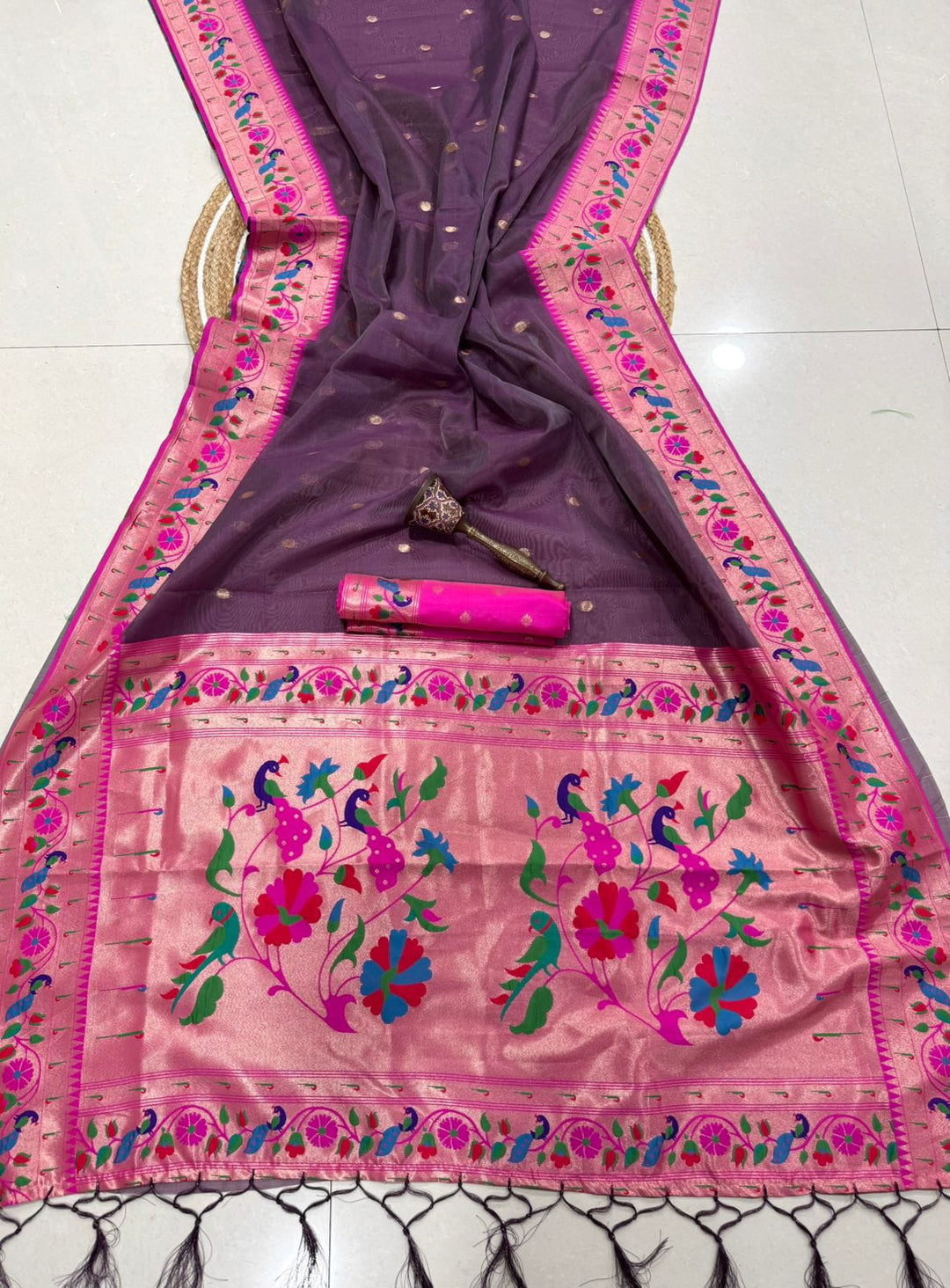 Golden Dew-Organza Silk (Semi) Saree with Minakari Zari Border & Designer Zari Pallu