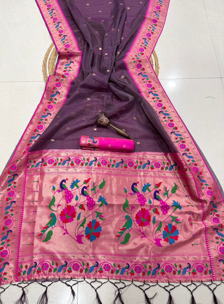 Golden Dew-Organza Silk (Semi) Saree with Minakari Zari Border & Designer Zari Pallu