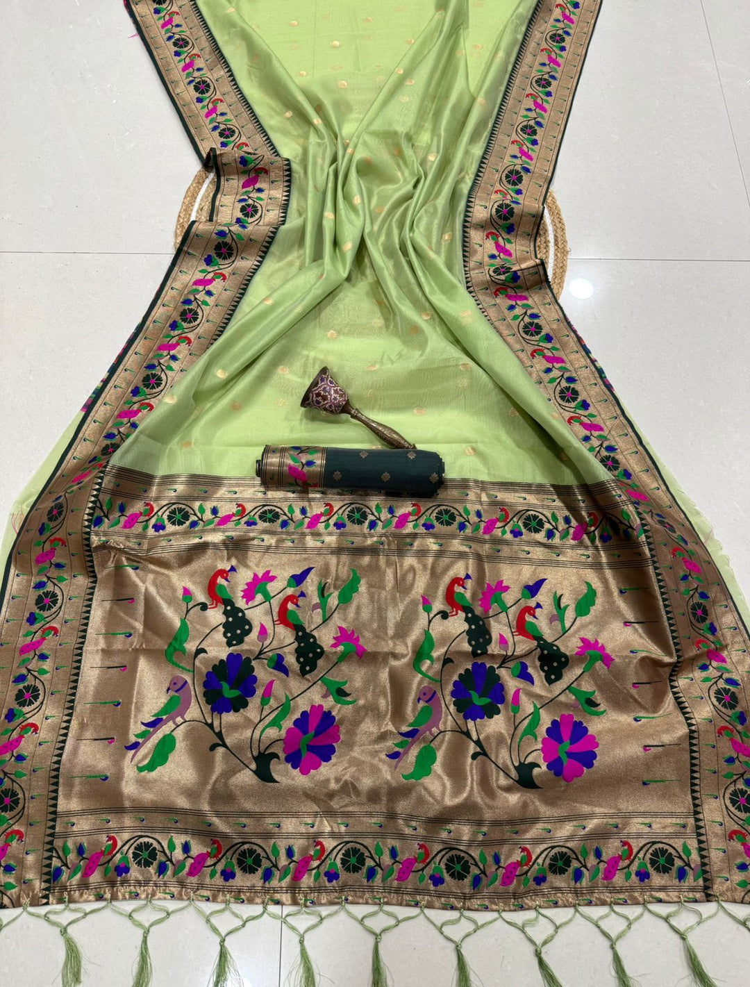 Golden Dew-Organza Silk (Semi) Saree with Minakari Zari Border & Designer Zari Pallu