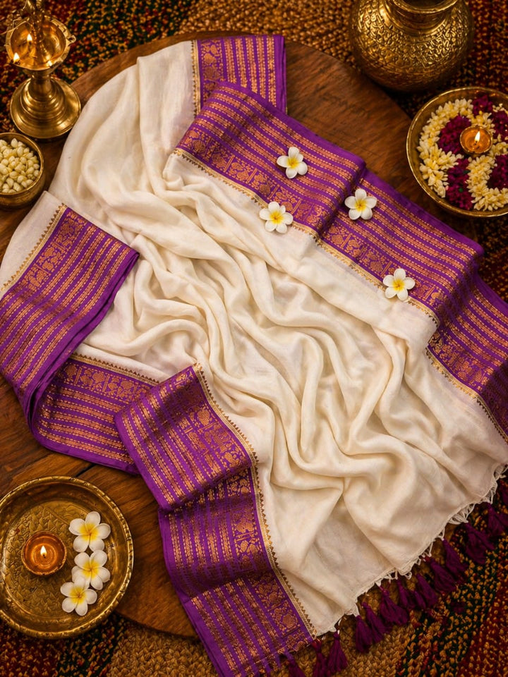 Mahalaya Pure Mul Cotton Saree with Zari Woven Border ✨