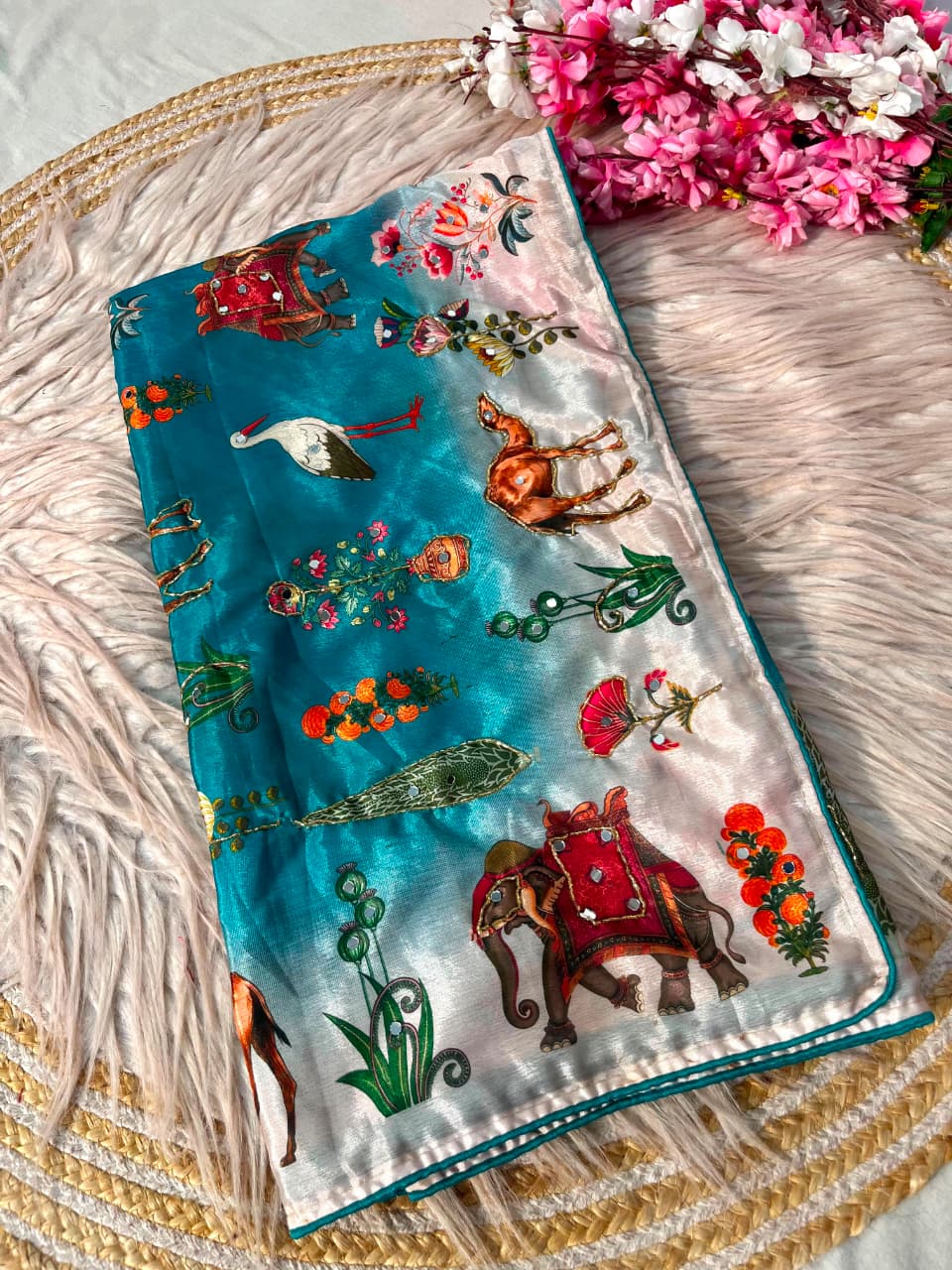 Dreamscape – Chinnon Silk Digital Print Mirrorwork Saree