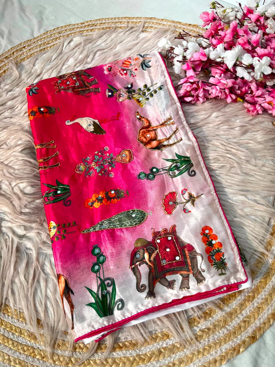 Dreamscape – Chinnon Silk Digital Print Mirrorwork Saree