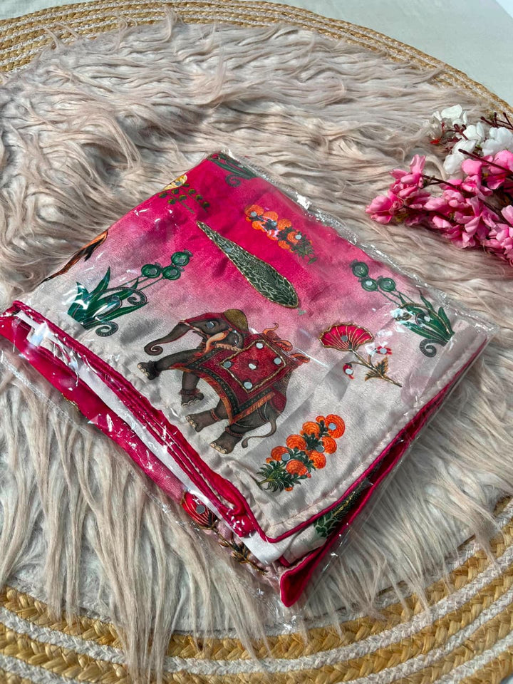 Dreamscape – Chinnon Silk Digital Print Mirrorwork Saree