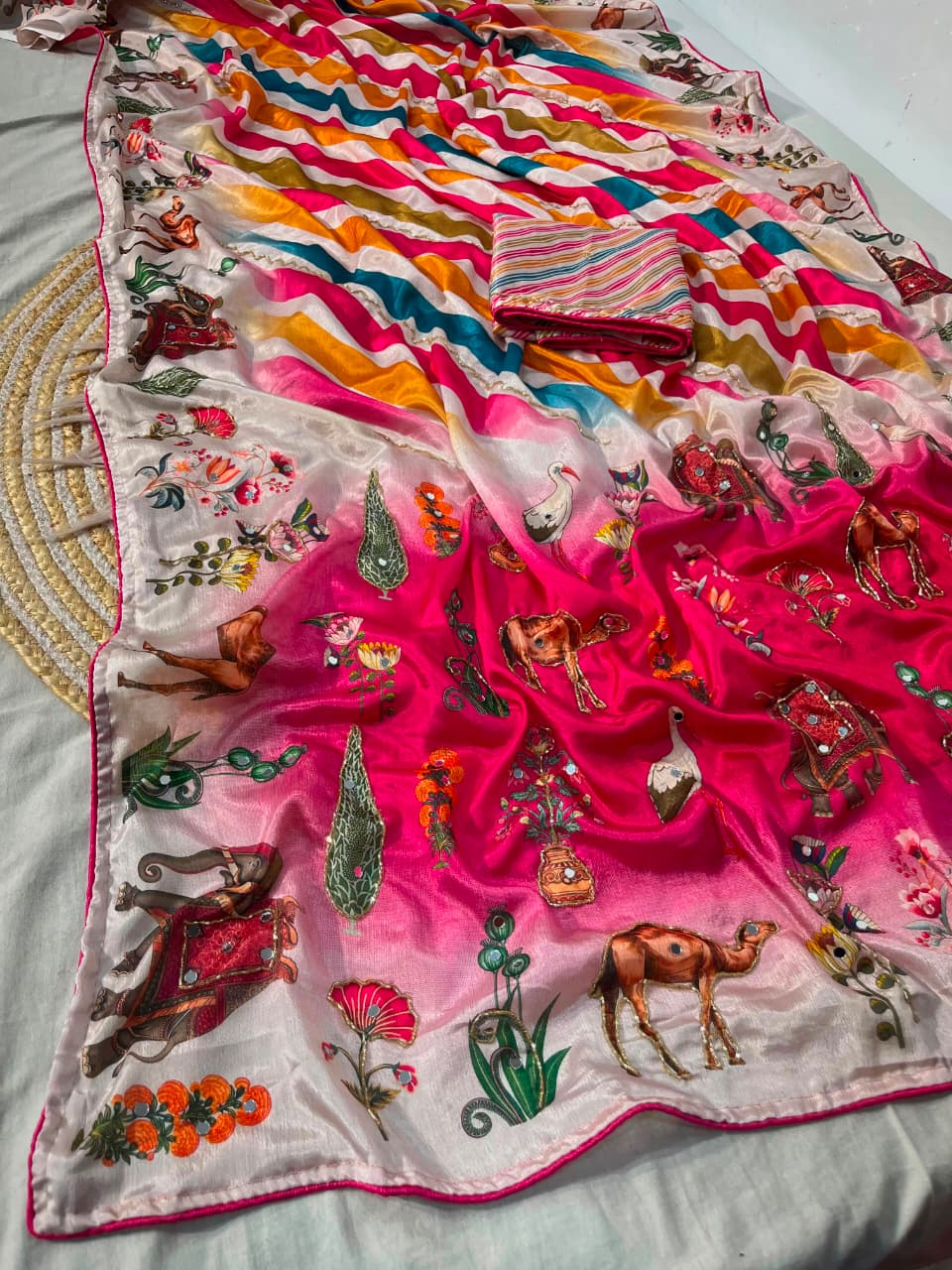 Dreamscape – Chinnon Silk Digital Print Mirrorwork Saree