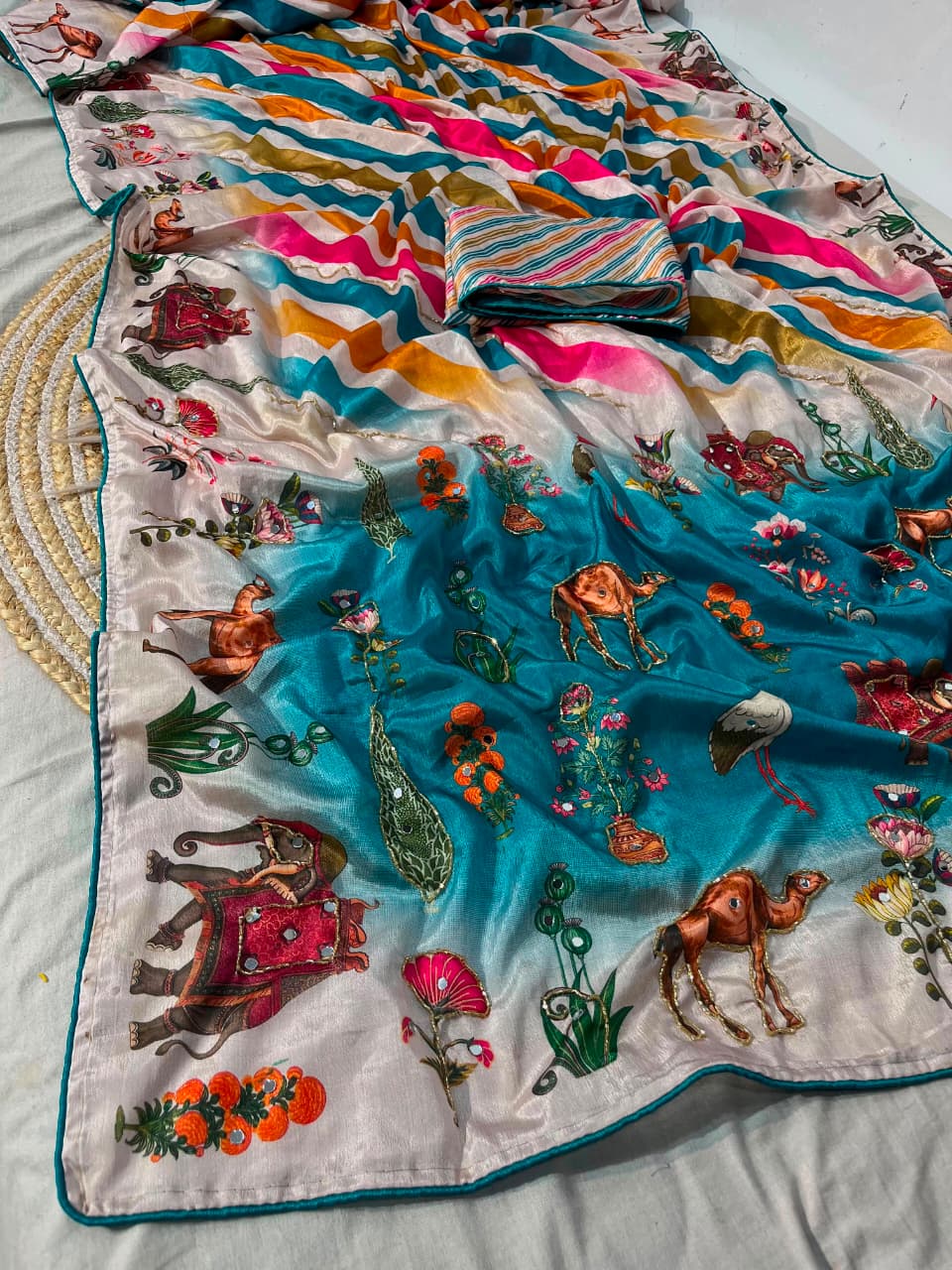 Dreamscape – Chinnon Silk Digital Print Mirrorwork Saree