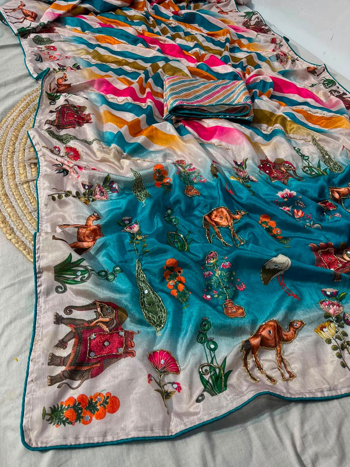 Dreamscape – Chinnon Silk Digital Print Mirrorwork Saree