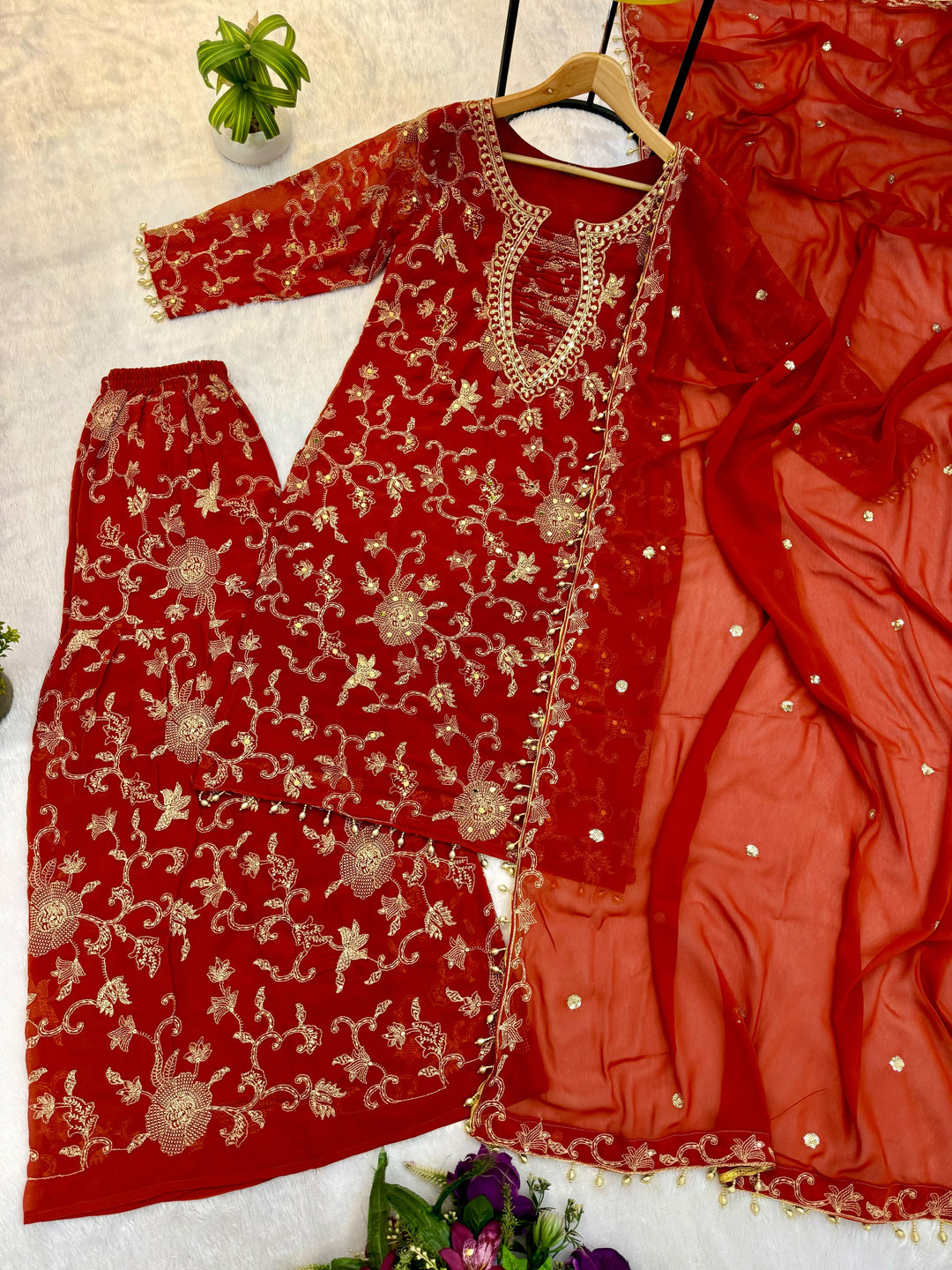 Ruby Dynasty – Embroidered Mirror Work Kurti Set
