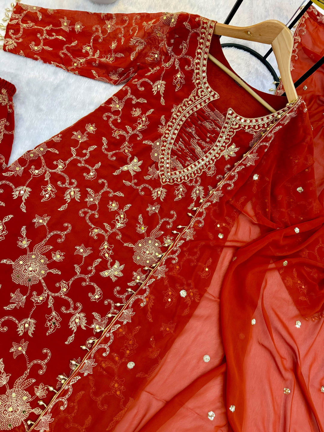 Ruby Dynasty – Embroidered Mirror Work Kurti Set