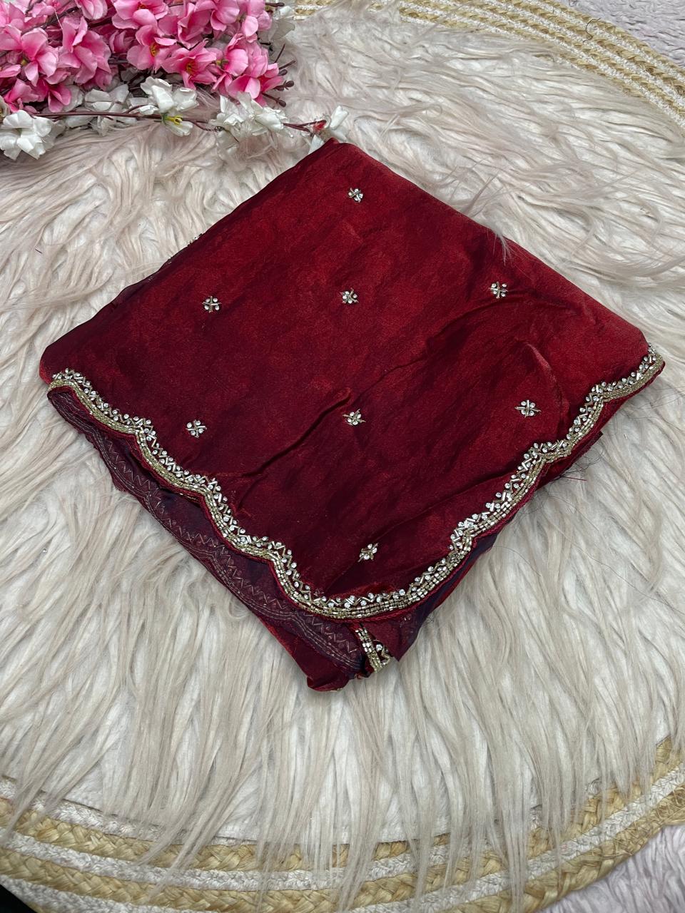 Eyes of Elegance Fandy Satin Silk Saree with Cutdana Work