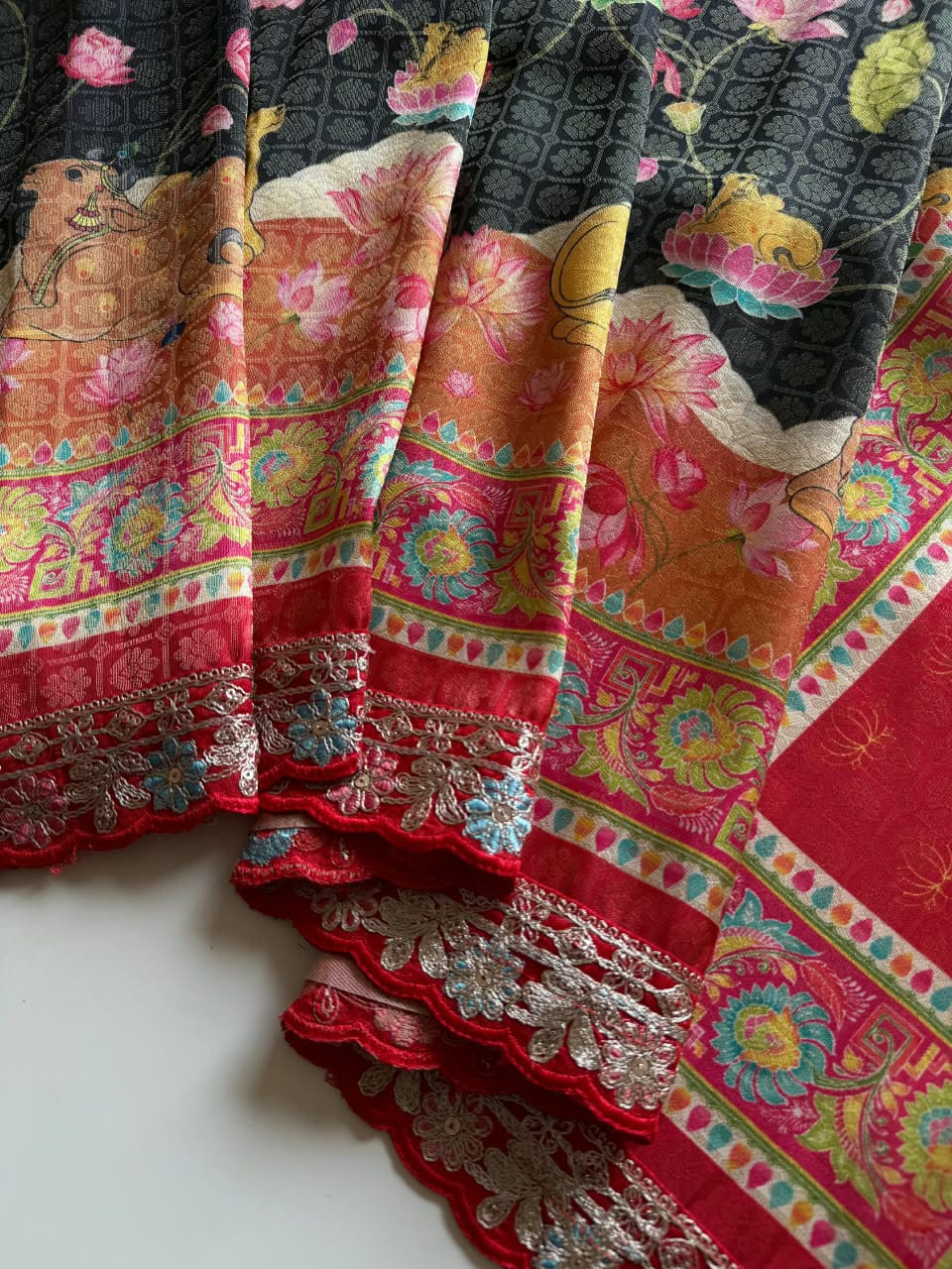 ✨ Madhabh Maya Premium Soft Dola Crepe Kalamkari Silk Saree ✨