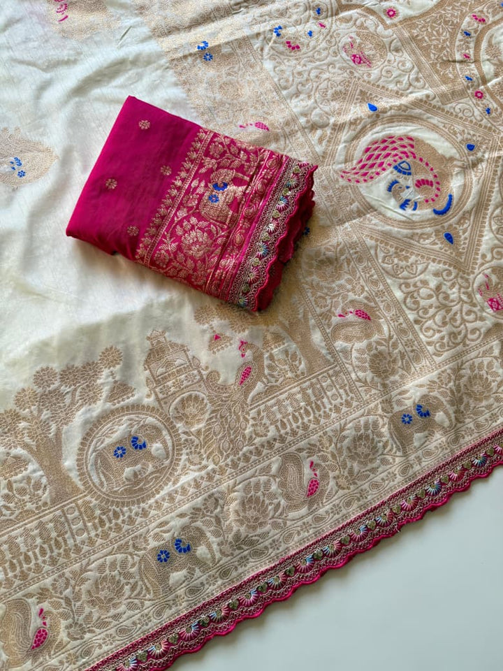 Indulekha Dola Silk Saree with Zari Jacquard Weaving & Meenakari Border