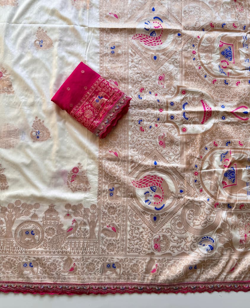 Indulekha Dola Silk Saree with Zari Jacquard Weaving & Meenakari Border