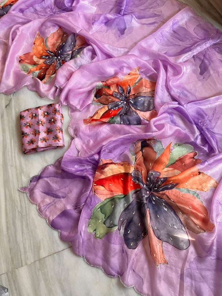 Noore Luxe – Premium Fendy Satin Digital Print Saree with Intricate Handwork