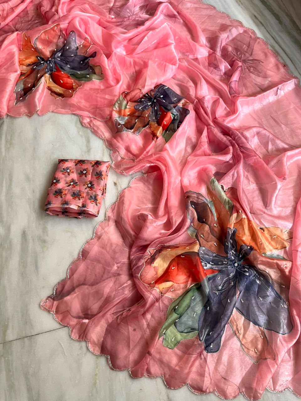 Noore Luxe – Premium Fendy Satin Digital Print Saree with Intricate Handwork