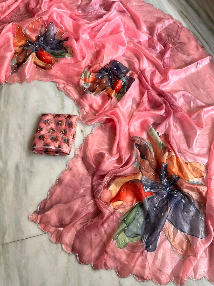 Noore Luxe – Premium Fendy Satin Digital Print Saree with Intricate Handwork