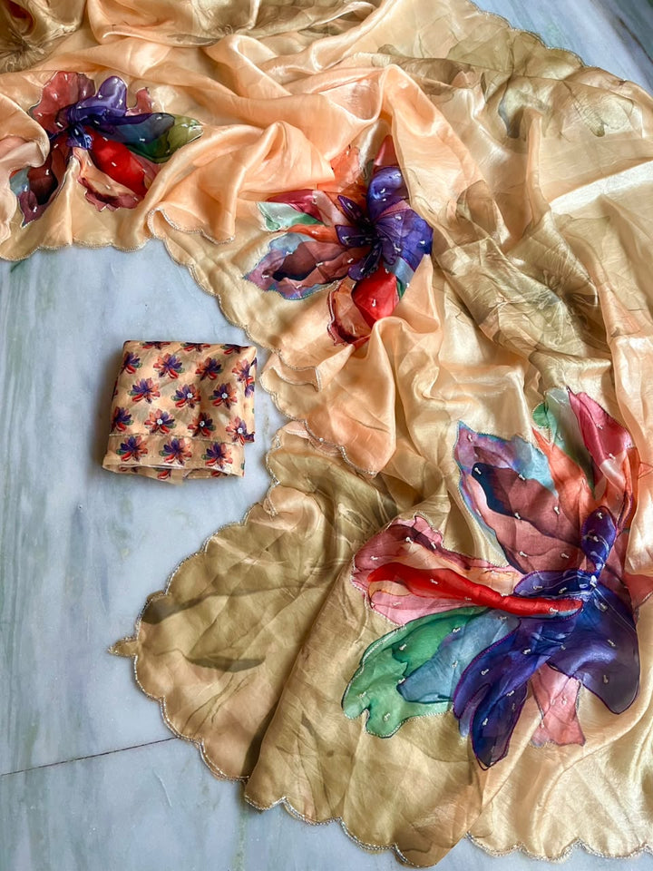 Noore Luxe – Premium Fendy Satin Digital Print Saree with Intricate Handwork