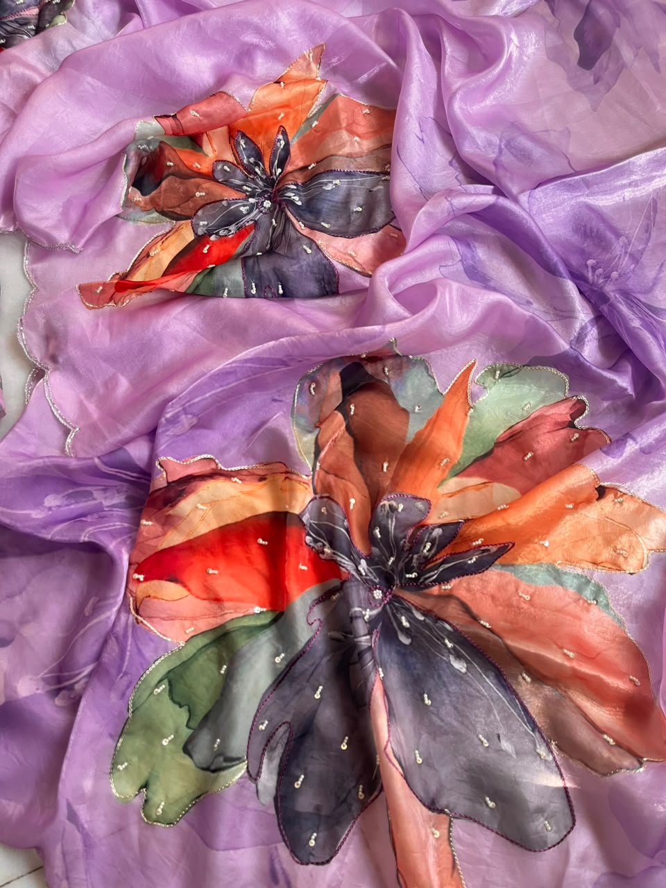 Noore Luxe – Premium Fendy Satin Digital Print Saree with Intricate Handwork