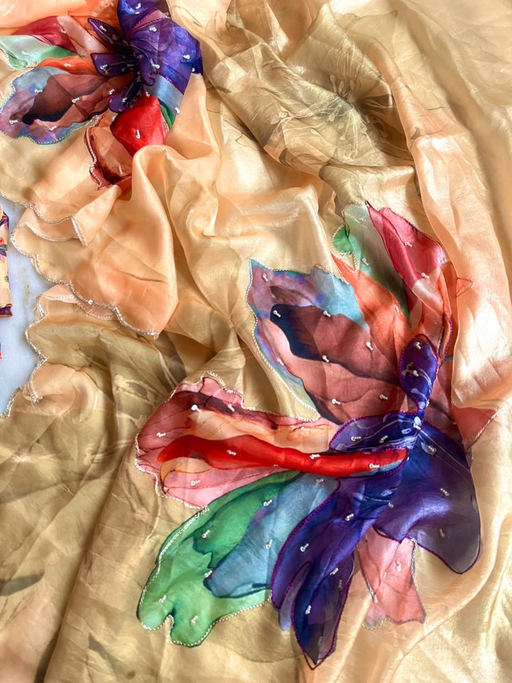 Noore Luxe – Premium Fendy Satin Digital Print Saree with Intricate Handwork
