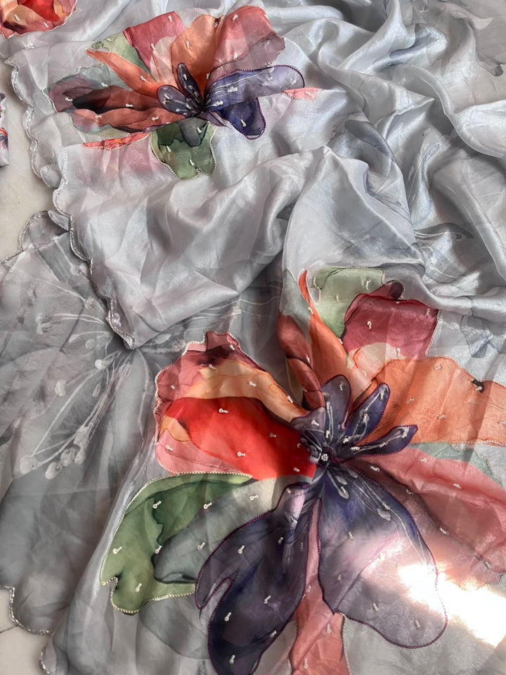 Noore Luxe – Premium Fendy Satin Digital Print Saree with Intricate Handwork