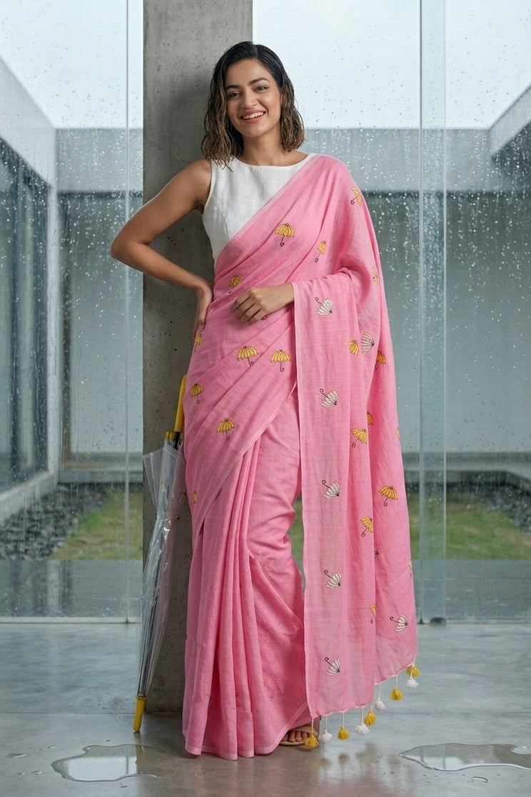 Umbrella Muse Khadi Cotton Saree ( Pink)