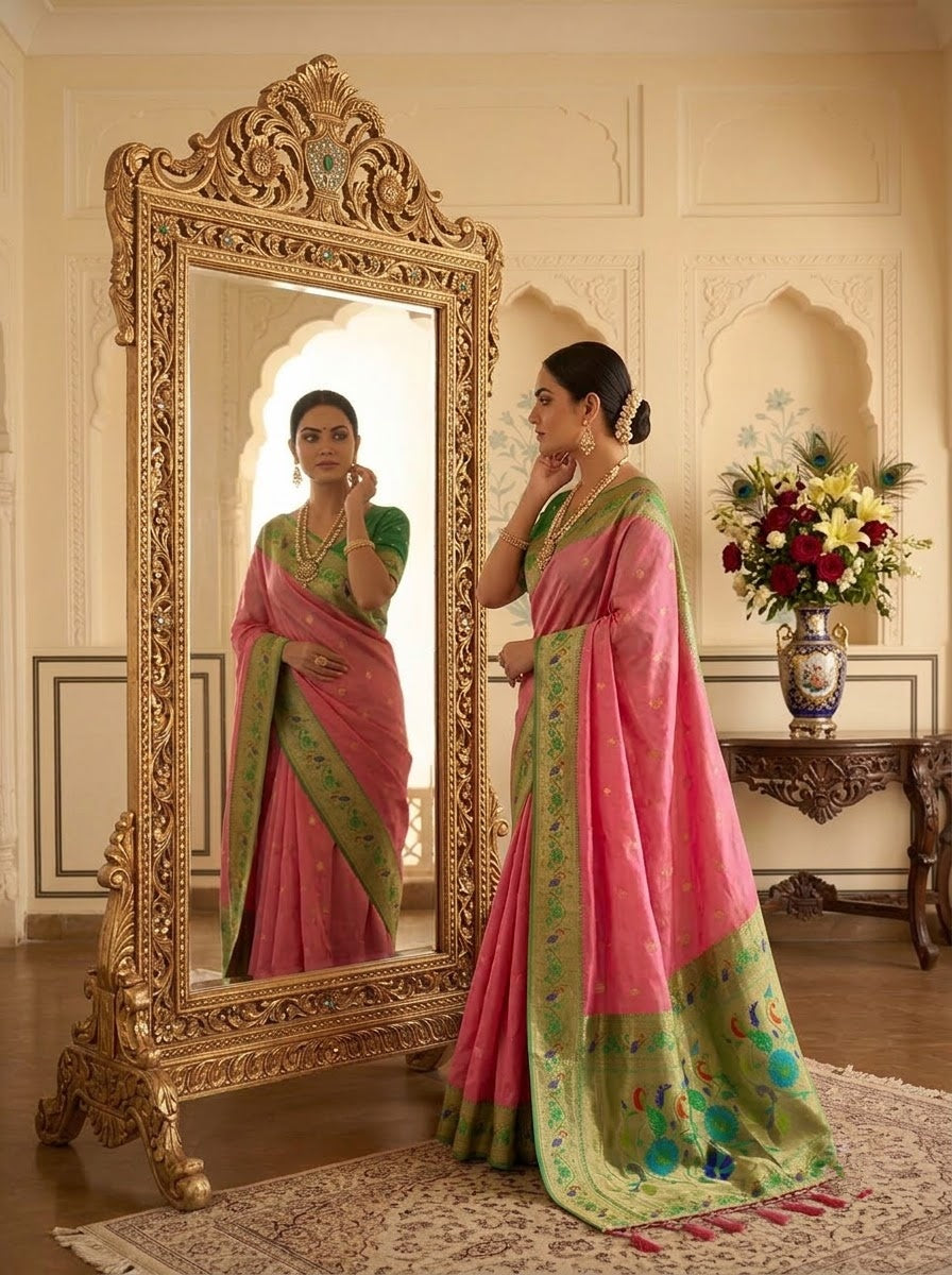 Golden Dew-Organza Silk (Semi) Saree with Minakari Zari Border & Designer Zari Pallu