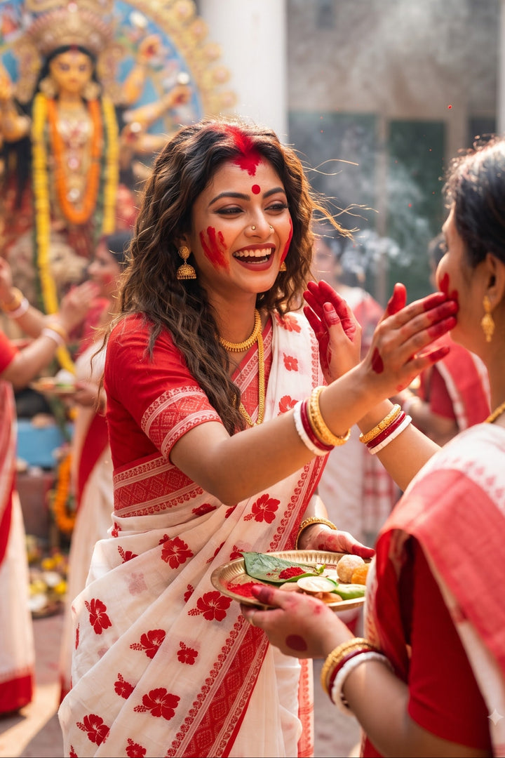 Ashtami Tangail Tant Cotton Saree (Hibiscus Embroidery)