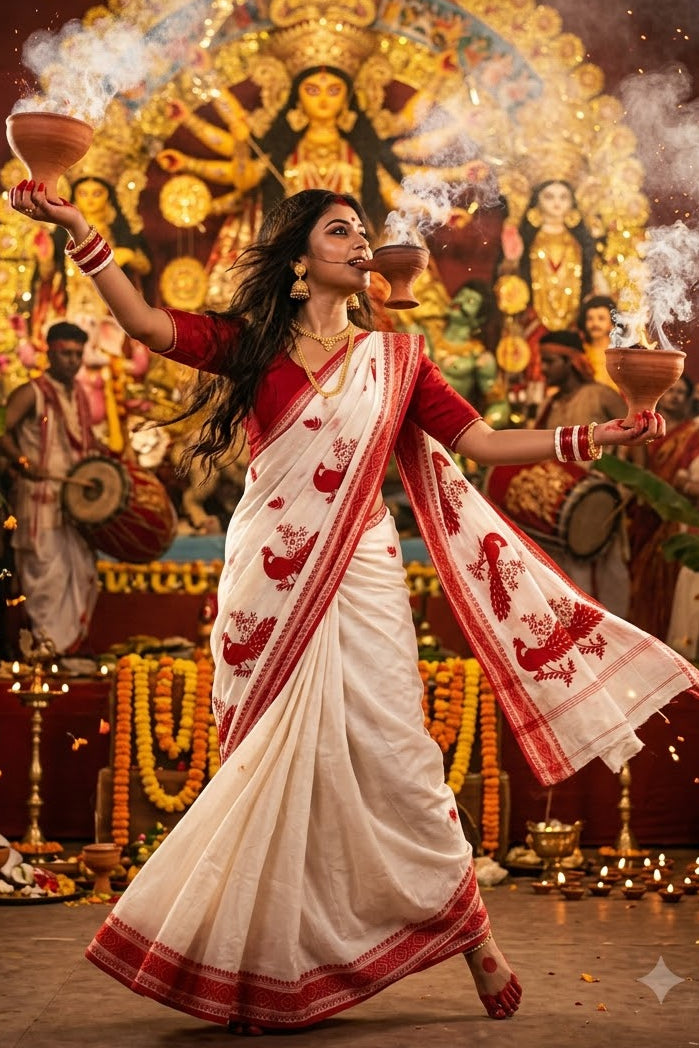 Ashtami Tangail Tant Cotton Saree(Peacock Embroidery)
