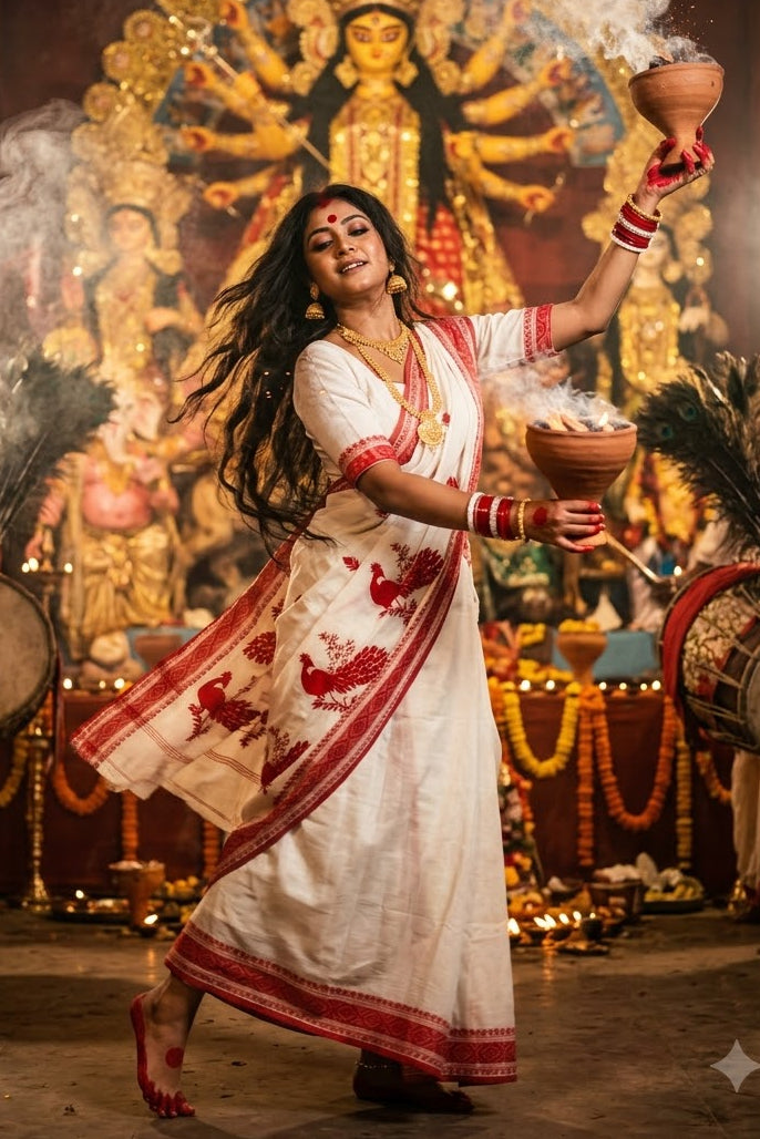 Ashtami Tangail Tant Cotton Saree(Peacock Embroidery)