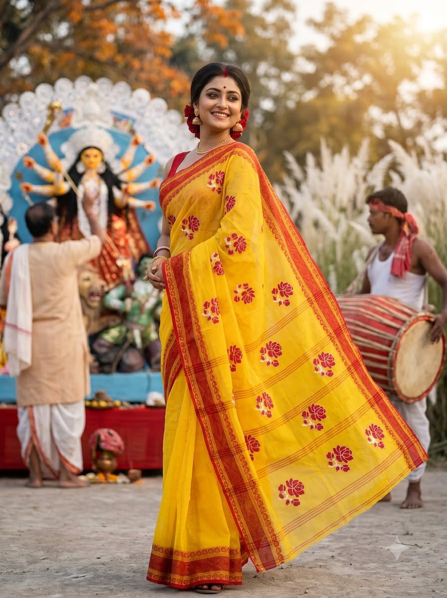 Ashtami Tangail Tant Cotton Saree (Rose Embroidery)
