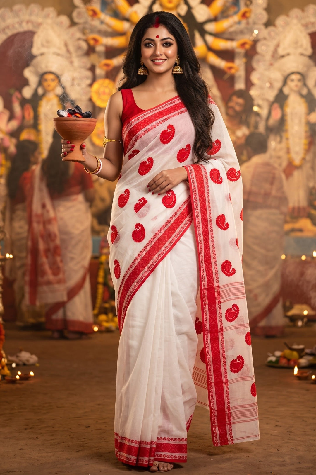 Ashtami Tangail Tant Cotton Saree (Paisley Embroidery)