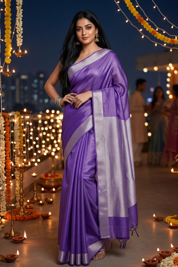 Vibgyor Violette Pure Handwoven Tissue Linen Saree