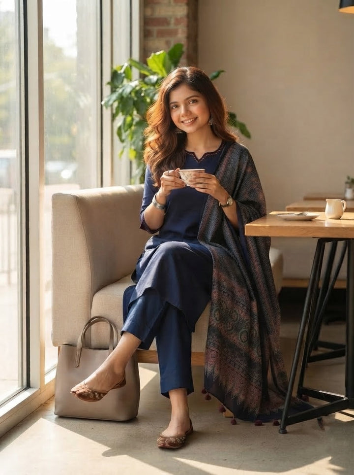 Dress to Slay-Ethnic Kurti Set with Ajrakh Mulmul Dupatta