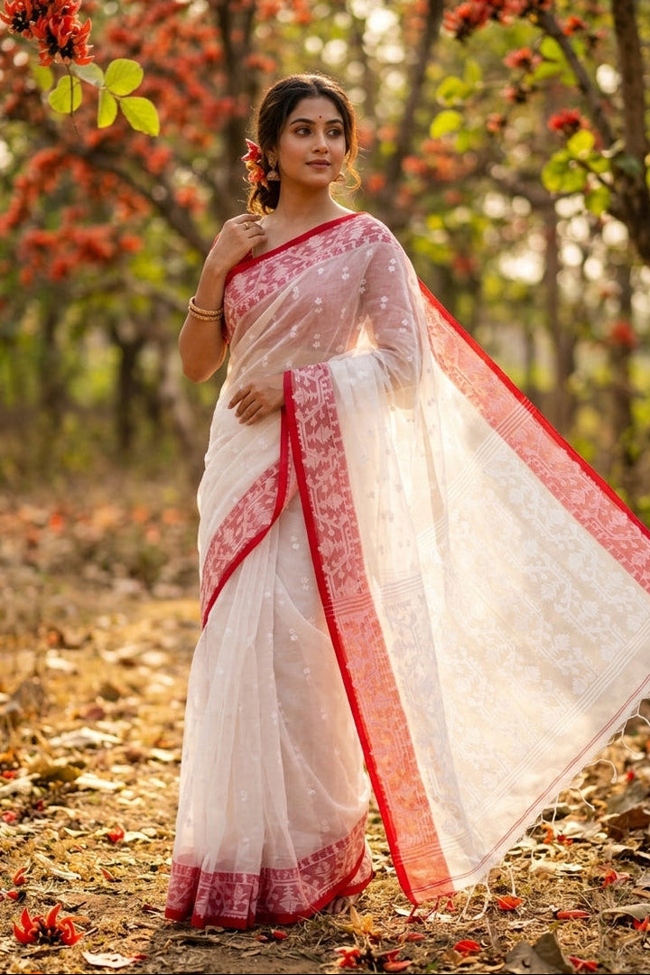 Hiyar Majhe Muslin Cotton Saree (White Saree Red Border)