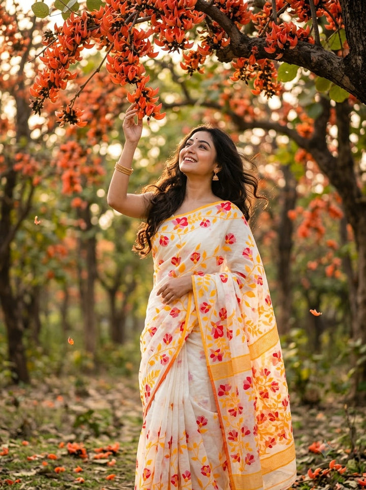 Rongmala – Multicolor Floral Woven Cotton Silk Saree 🌸✨